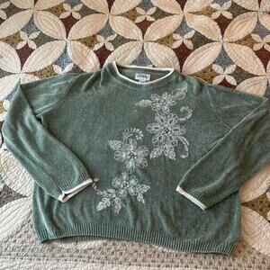 Vintage 90s green & white floral embroidered spring sweater w double collar